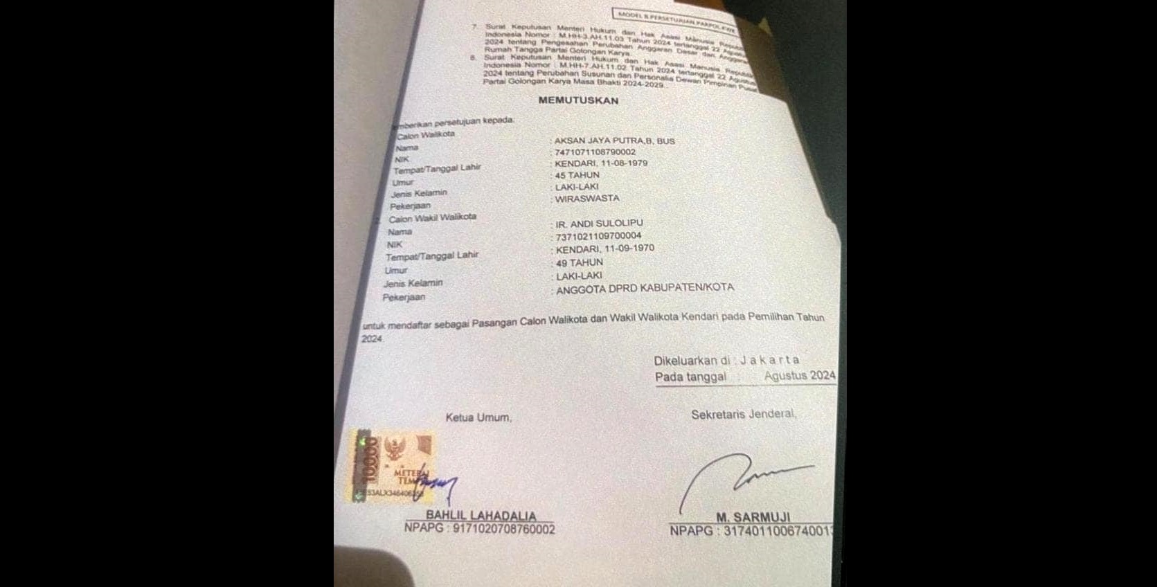 Kocok Ulang, AJP-Asli Dapat B1-KWK Golkar yang Ditandatangani Ketum Bahlil