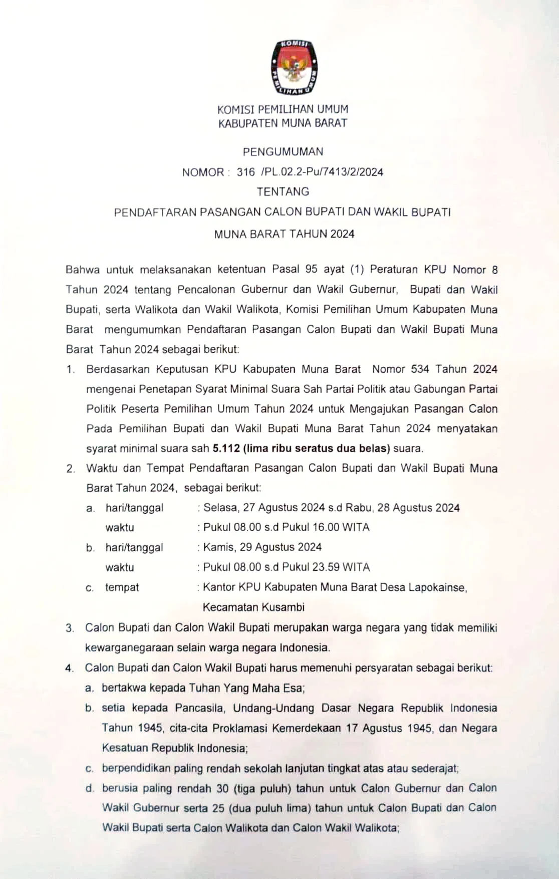 Pengumuman Pendaftaran Pasangan Calon Bupati dan Wakil Bupati Muna Barat 2024 3 Pengumuman Pendaftaran Pasangan Calon Bupati dan Wakil Bupati Muna Barat 2024