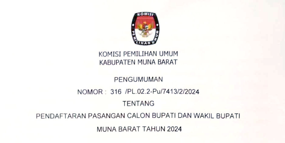 Pengumuman Pendaftaran Pasangan Calon Bupati dan Wakil Bupati Muna Barat 2024 1 Pengumuman Pendaftaran Pasangan Calon Bupati dan Wakil Bupati Muna Barat 2024