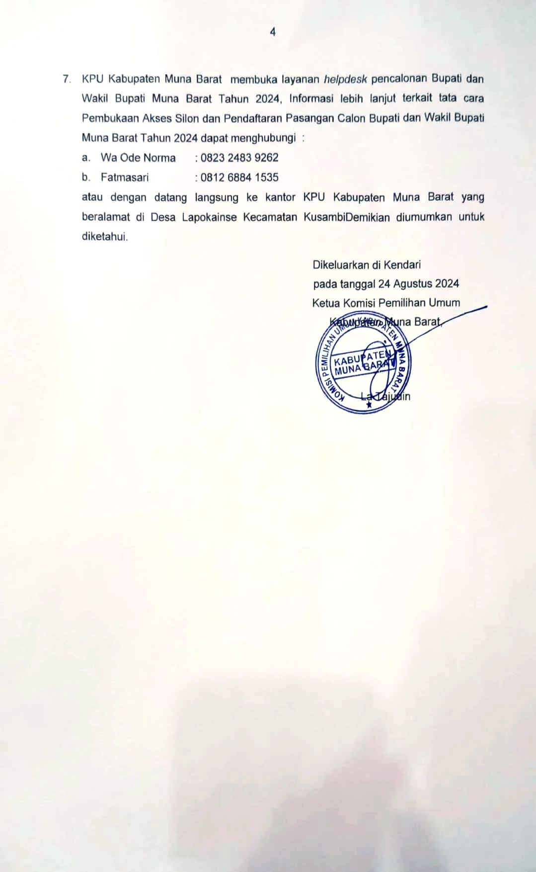 Pengumuman Pendaftaran Pasangan Calon Bupati dan Wakil Bupati Muna Barat 2024 6 Pengumuman Pendaftaran Pasangan Calon Bupati dan Wakil Bupati Muna Barat 2024