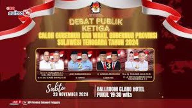 LIVE Debat Ketiga Calon Gubernur Sulawesi Tenggara 2024: SDA, Lingkungan, dan Hukum Bermartabat