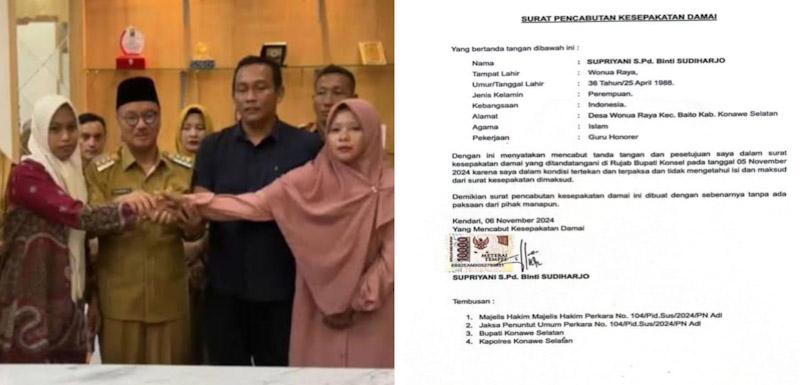 Guru Supriyani Cabut Kesepakatan Damai, Akui dalam Keadaan Tertekan dan Terpaksa 1 Guru Supriyani Cabut Kesepakatan Damai, Akui dalam Keadaan Tertekan dan Terpaksa