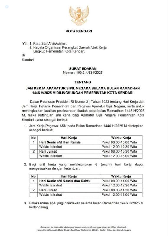 Aturan Baru! Jam Kerja ASN Pemkot Kendari Selama Ramadan Berubah