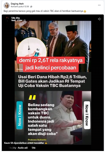 Cek Fakta: Bansos Dihentikan Jika Tolak Uji Coba Vaksin TBC Bill Gates [SALAH]