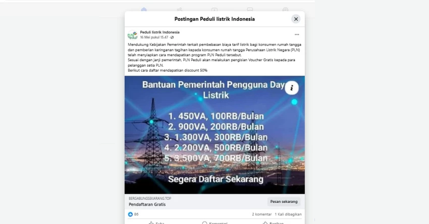 Cek Fakta: Pembebasan Biaya Tarif Listrik dan Keringanan Tagihan PLN [KELIRU]