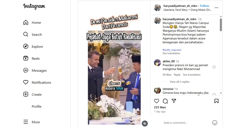 Cek Fakta: Prabowo Minum Alkohol Bersama Presiden Prancis Emmanuel Macron [SALAH]