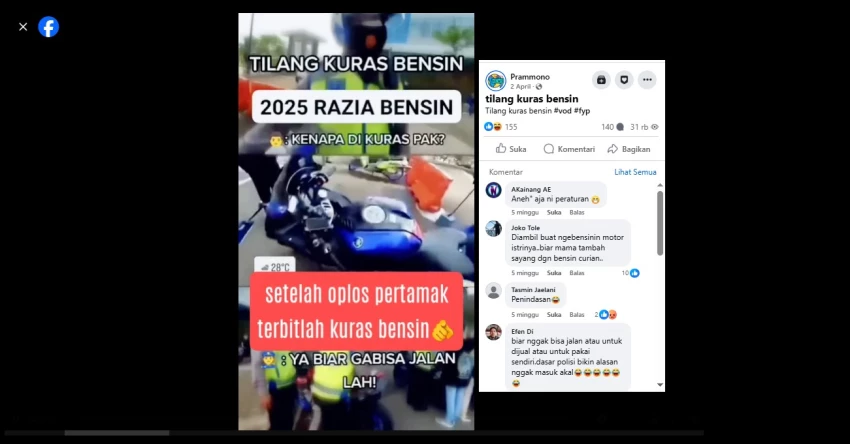 Cek Fakta: Video Tilang Kuras Bensin, Razia Bensin 2025, Setelah Oplos Pertamax [SESAT]