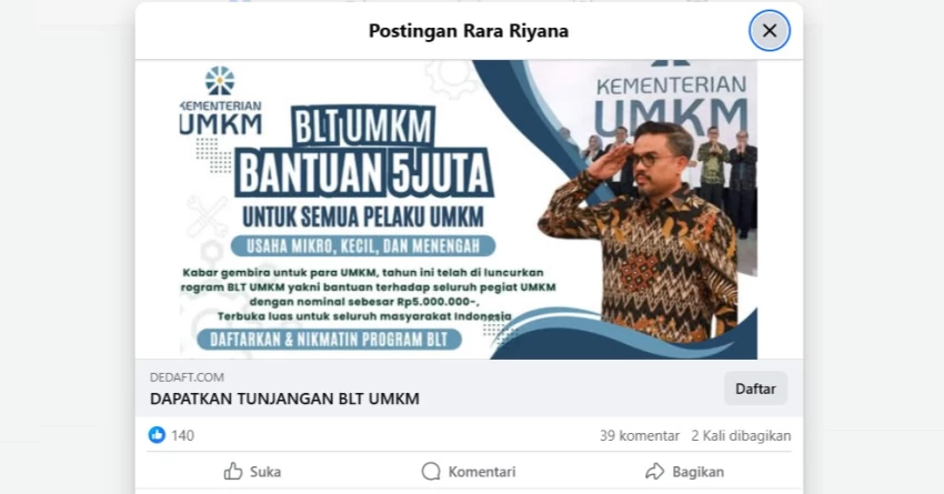 Cek Fakta: BLT Untuk Semua Pelaku UMKM dari Kementerian UMKM [PENIPUAN]