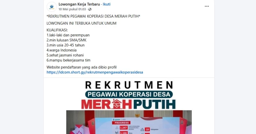 Cek Fakta: Rekrutmen Pegawai Koperasi Desa Merah Putih [KELIRU]