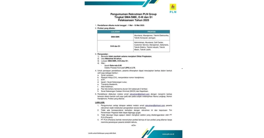 Cek Fakta: Pengumuman Rekrutmen PLN Pelaksanaan Tahun 2025 [KELIRU]