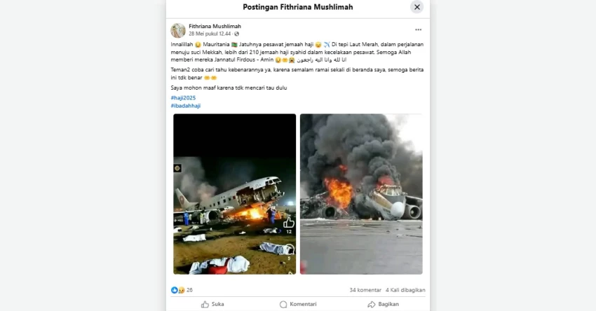 Cek Fakta: 210 Jemaah Haji Mauritania Tewas dalam Kecelakaan Pesawat [SALAH]