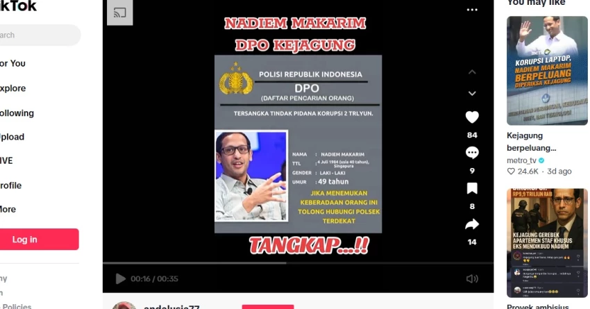 Cek Fakta: Nadiem Makarim Jadi Tersangka Korupsi Rp2 Triliun serta Masuk DPO Kejagung-Polri [SALAH]