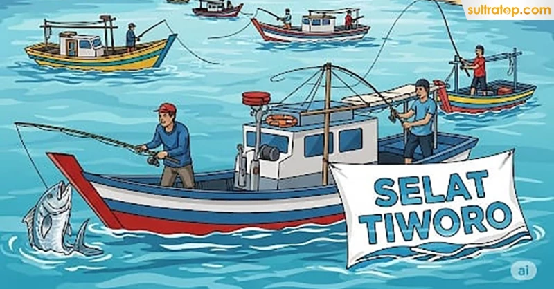 Karikatur lomba memancing di Selat Tiworo. Pemkab Mubar akan menggelar lomba memancing pada 9 Agustus 2025 mendatang. Kegiatan ini merupakan bagian dari rangkaian peringatan HUT ke-11 Mubar. (Gambar: Google AI)