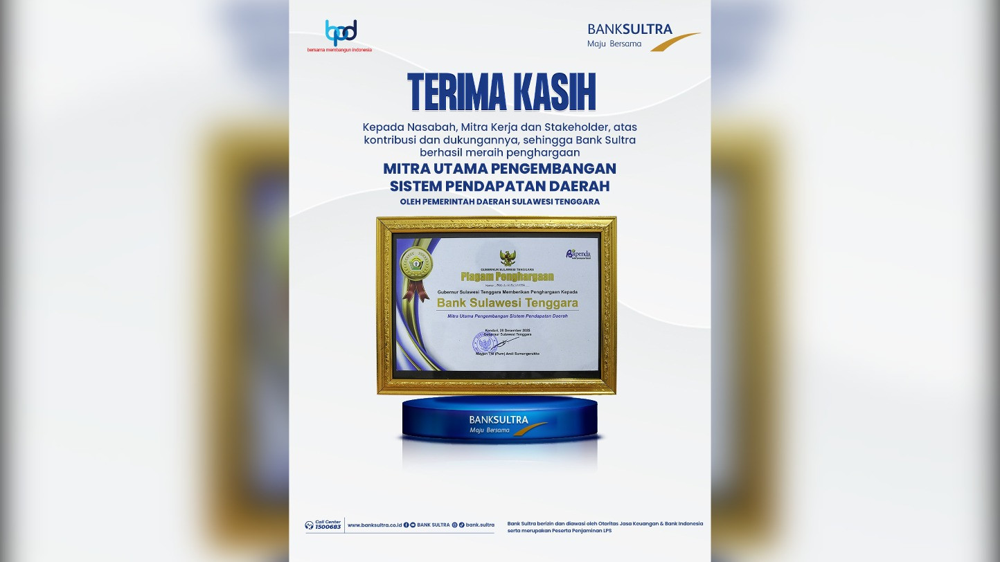 Bank Sultra Raih Penghargaan Mitra Utama Pengembangan Sistem Pendapatan Daerah