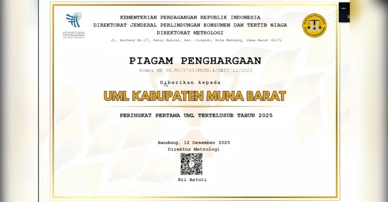 UPT Metrologi Legal Disperindag Muna Barat Terbaik se-Indonesia, Sabet Peringkat I UML Tertelusur 2025