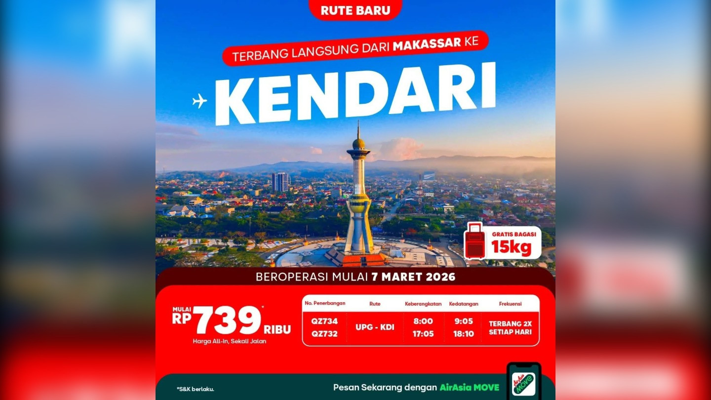 AirAsia Siap Terbang Kendari–Makassar Mulai 7 Maret 2026, Harga Tiket 700 Ribuan