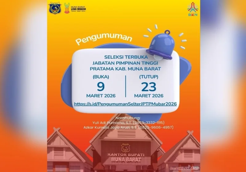 Pemkab Muna Barat Buka Seleksi Terbuka 5 Jabatan Kepala OPD, Pendaftaran hingga 23 Maret 2026 1 Pemkab Muna Barat Buka Seleksi Terbuka 5 Jabatan Kepala OPD, Pendaftaran hingga 23 Maret 2026