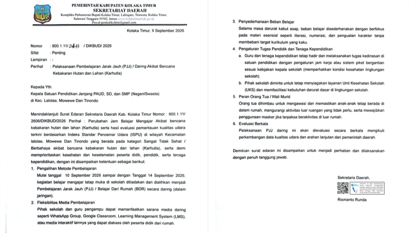 Sekolah di Tiga Kecamatan Kolaka Timur Ditutup Akibat Kabut Asap, Siswa Belajar dari Rumah 4 Sekolah di Tiga Kecamatan Kolaka Timur Ditutup Akibat Kabut Asap, Siswa Belajar dari Rumah